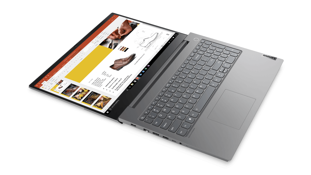 Lenovo ThinkBook 15p di seconda generazione aperto a 180° e che mostra lo schermo e la tastiera completamente aperta.