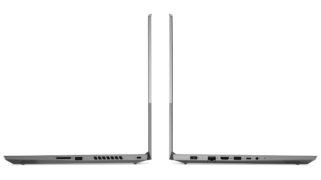 Two back-to-back Lenovo ThinkBook 15p Gen 2 laptops open 90 degrees showing right and left side profiles. 