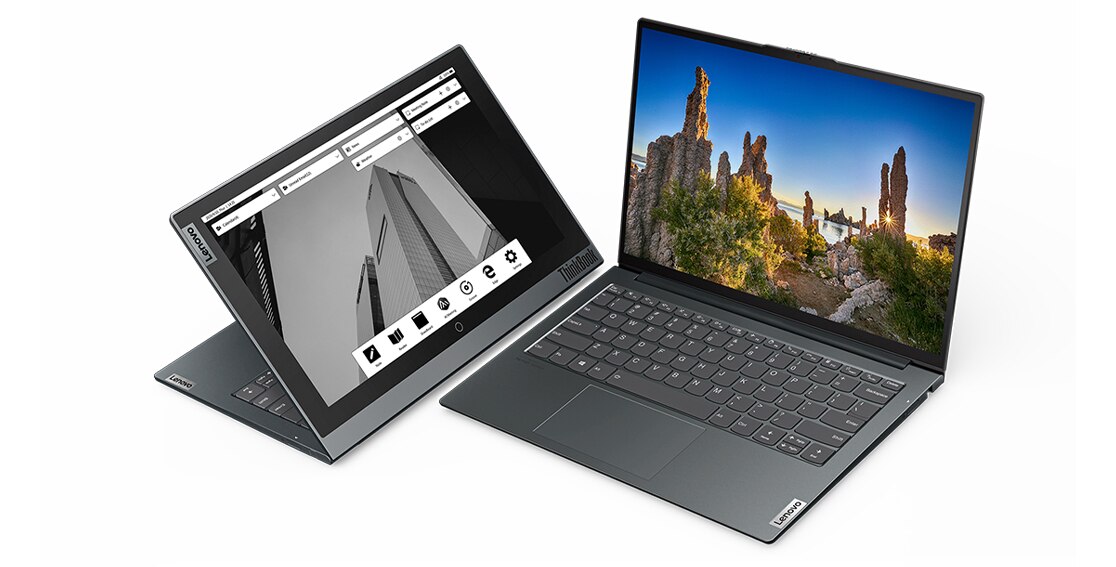 Imagen de dos laptops Lenovo ThinkBook Plus 2da Gen (Intel) en diferentes posiciones, y con ambas pantallas a la vista