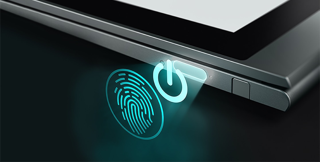 Lenovo ThinkBook Plus Gen 2 (Intel) dual-display business laptop, close up of the fingerprint reader/power button