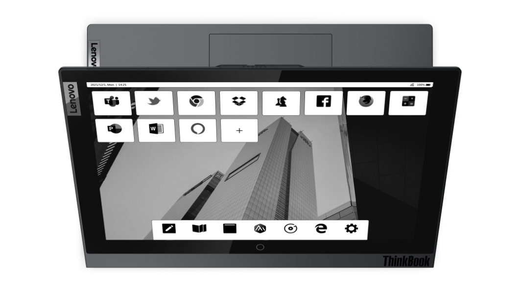 Vista desde arriba de la pantalla de tinta electrónica en la tapa de la laptop Lenovo ThinkBook Plus 2da Gen abierta