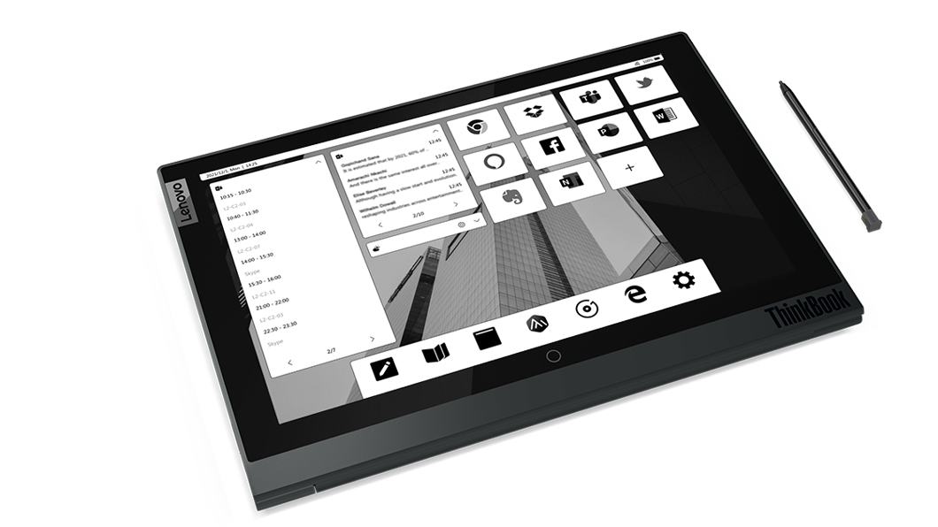 Imagen de la pantalla de tinta electrónica en la tapa de la laptop Lenovo ThinkBook Plus 2da Gen cerrada, y con el lápiz Lenovo a un costado