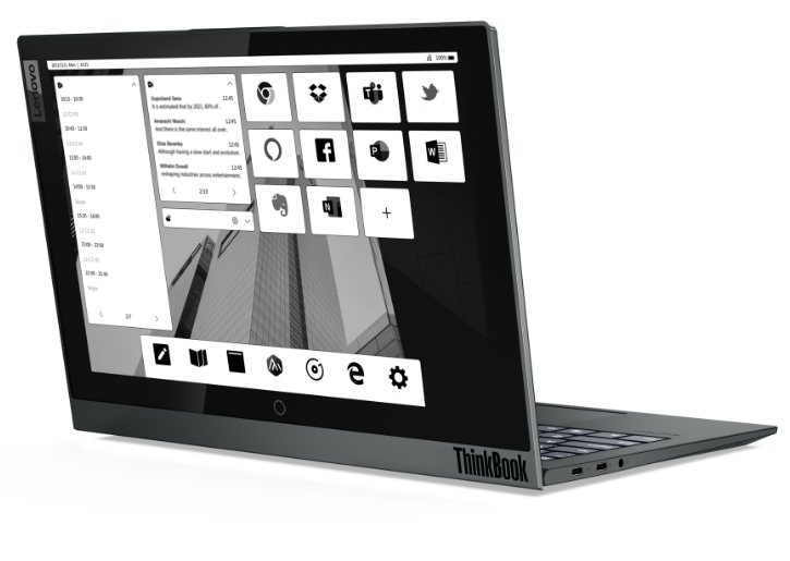 Ordinateur portable professionnel à double écran Lenovo ThinkBook Plus Gen 2 (Intel), vue arrière montrant l’écran E-Ink