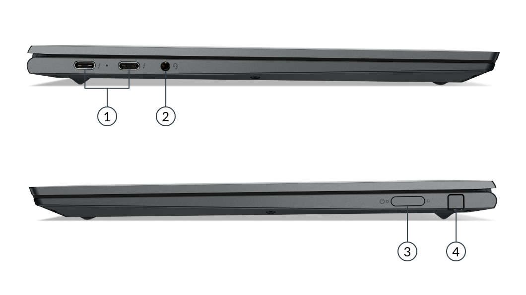 Бизнес-ноутбук Lenovo ThinkBook Plus (2nd Gen, Intel) с двумя дисплеями, вид слева и справа с указанием портов и разъемов