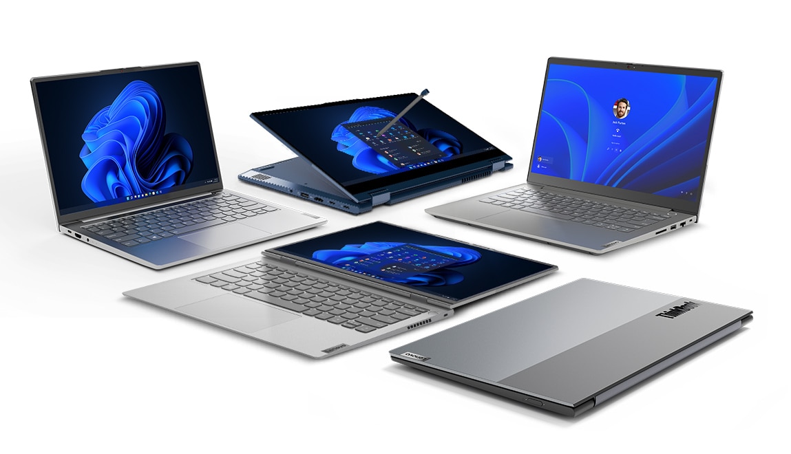 Five Lenovo ThinkBooks showcasing multiple modes and hinges: laptop mode, tablet mode with pen, open 180 degrees, and closed cover with stylish dual tone.