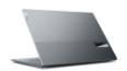 A Lenovo ThinkBook 13x laptop viewed at eye level from the right-rear, with the dual-tone Storm Gray top cover open 75 degrees and showing the distinctive ThinkBook logo.