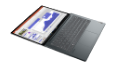 A Storm Gray Lenovo ThinkBook 13x laptop open 180 degrees and viewed at an angle from above, revealing the lay-flat hinge, keyboard and vibrant 13.3” display.