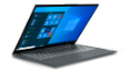 A Storm Gray ThinkBook 13x laptop open 75 degrees and viewed from the front-left at a low angle, revealing the keyboard and 13.3” display.