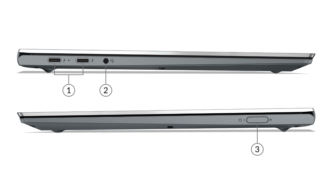 Viste di Lenovo ThinkBook 13x con porte e slot.