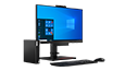 Lenovo ThinkCentre M75q Gen 2 placed next to to monitor, keyboard and mouse; left side view