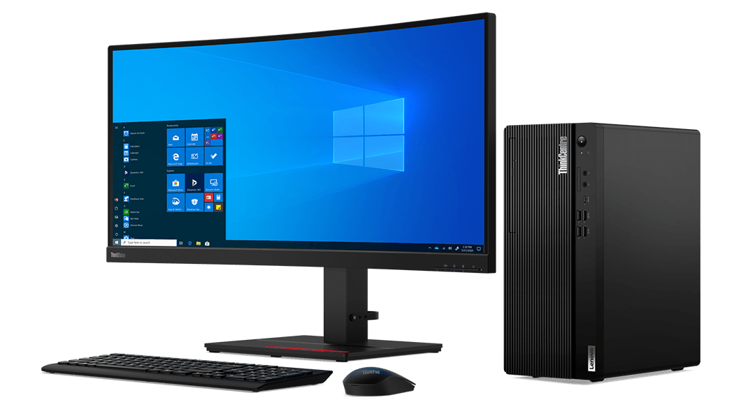 Right side view of Lenovo ThinkCentre M75t Gen 2 placed next to monitor, keyboard and mouse