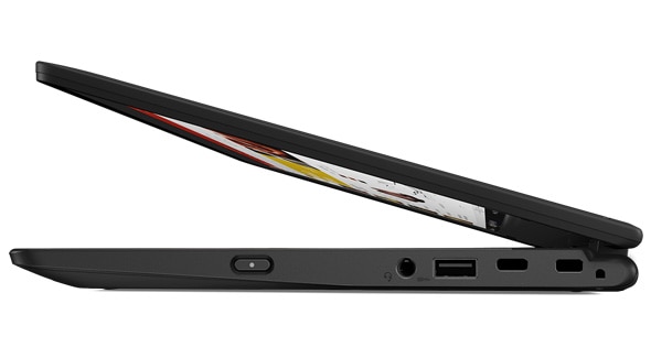 Left-side view of Lenovo ThinkPad 11e (5th Gen) education laptop open 90 degrees.