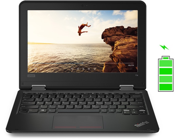 Lenovo ThinkPad 11e (5th Gen) education laptop open 90 degrees, showing full battery icon.