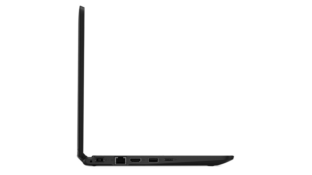 left-side shot of Lenovo ThinkPad 11e (5th Gen) education laptop open 180 degrees.