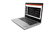 Right top front angle view of a silver ThinkPad L13 Gen 2 (13” AMD) laptop, open 90 degrees with a PowerPoint slide featuring a bicycle on the display