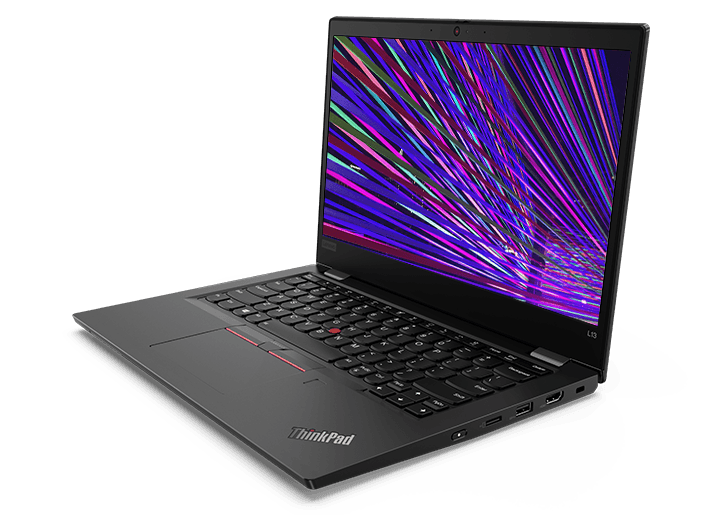 Front-right angle view of the ThinkPad L13 Gen 2 (13” AMD) laptop showing a colorful abstract linear design on the display