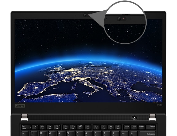 A front view of the ThinkPad P14s Mobile Workstation, highlighting the ThinkShutter and the display showing our world from outer space