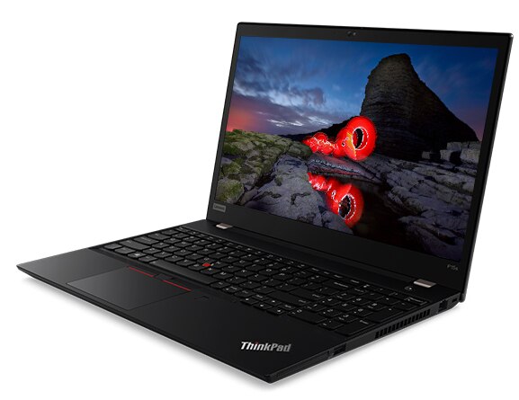 Side view of a ThinkPad P15s Mobile Workstatio, with the display showing a mountain sceen at night with bright red swirls