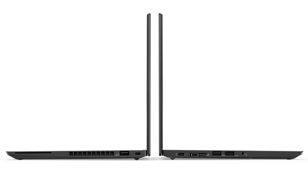 Two Lenovo ThinkPad A285 laptops back to back, showing left and right side ports.