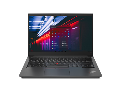 Black Lenovo ThinkPad E14 Gen 2 front view with keyboard showing