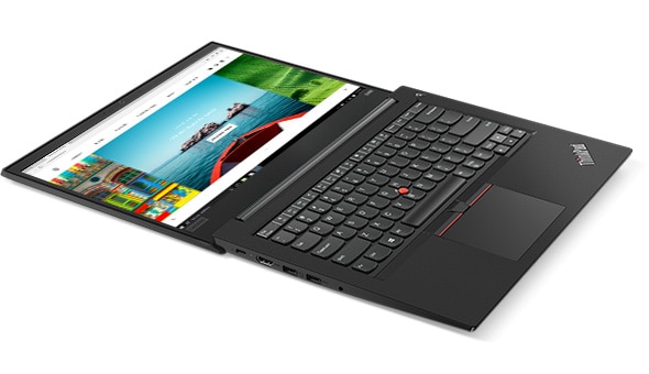 Lenovo ThinkPad E485 laptop open 180 degrees. 