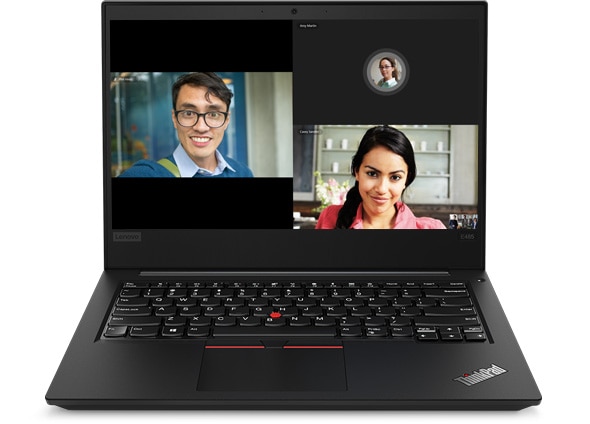 Lenovo ThinkPad E485 laptop open 90 degrees showing video conference.