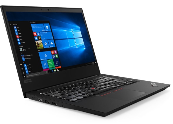 Lenovo ThinkPad E485 laptop open 95 degrees angled to show left side ports.