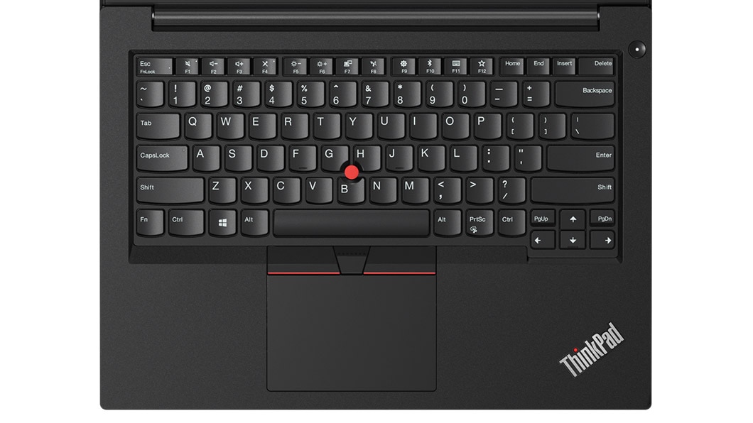 Overhead shot of keyboard on the Lenovo ThinkPad E485 laptop.