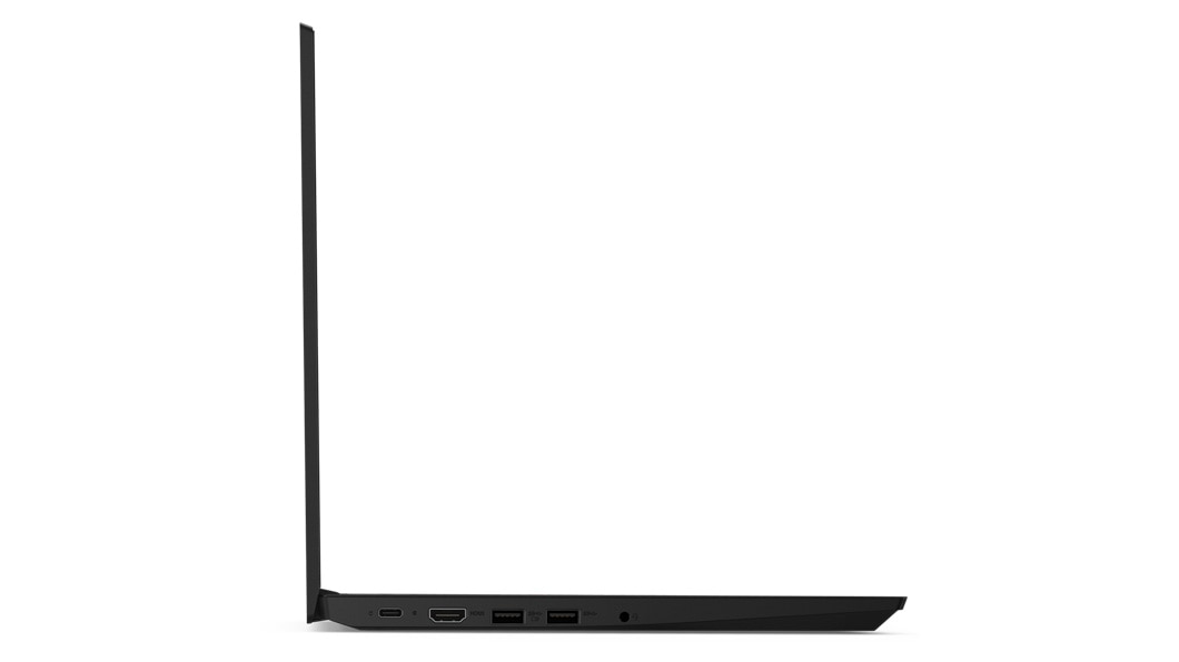 profile view of left side, Lenovo ThinkPad E485 laptop open 90 degrees.