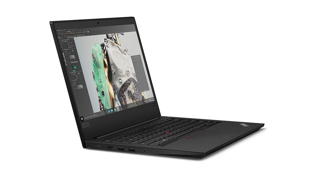 Lenovo ThinkPad E490 laptop angled to show left-side ports.