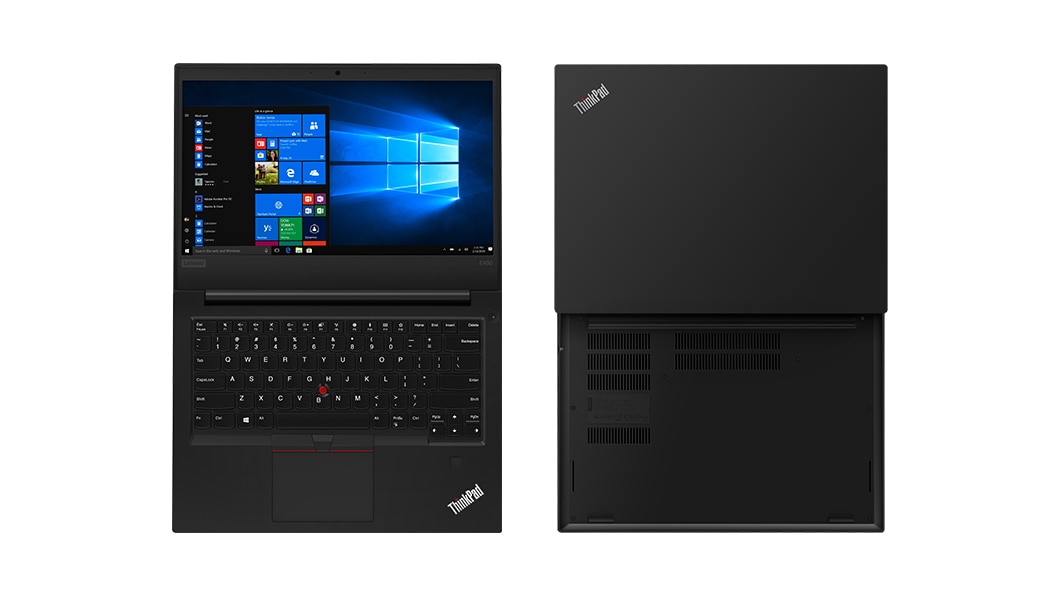 Two Lenovo ThinkPad E490 laptops open 180 degrees showing back and front sides.