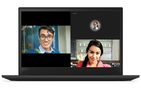 Front-view, Lenovo ThinkPad E585 laptop open 90 degrees, showing video conferencing on screen.