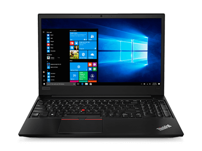 Front-facing image of Lenovo ThinkPad E585 laptop with Windows 10 Pro, open 90 degrees.
