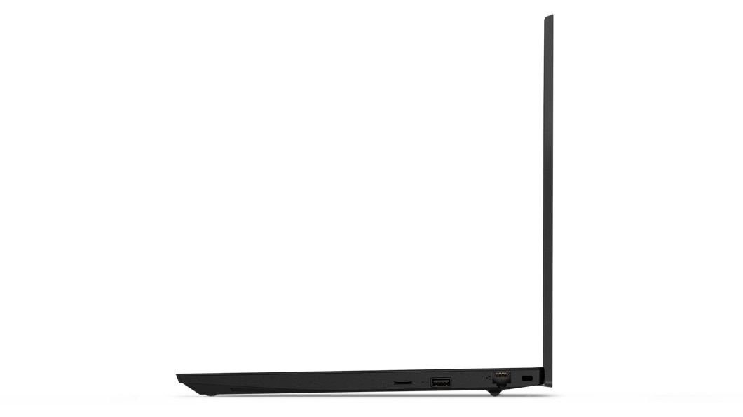 profile view of right side, Lenovo ThinkPad E585 laptop open 90 degrees.