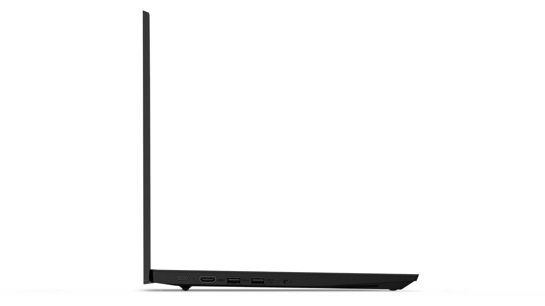 profile view of left side, Lenovo ThinkPad E585 laptop open 90 degrees.