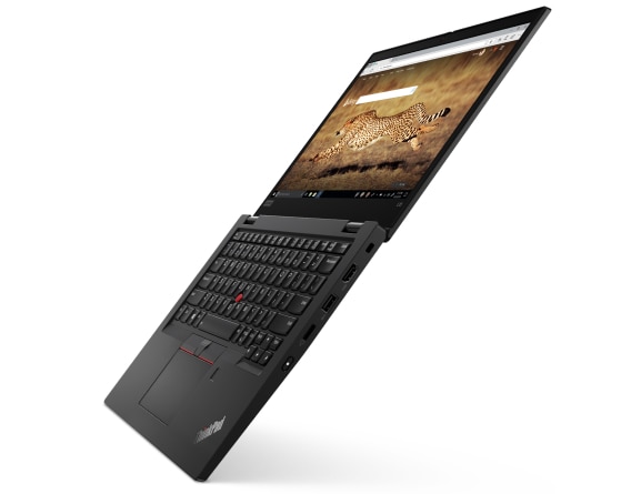 Left three-quarter view of black Lenovo ThinkPad L13 Gen 2 open 180 degrees