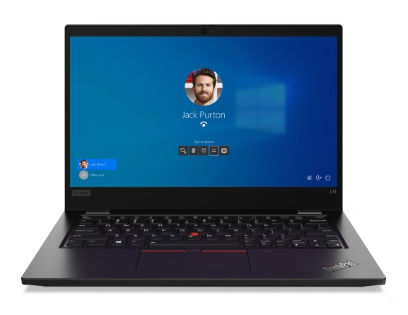 Imagen frontal de la laptop Lenovo ThinkPad L13 2da Gen abierta a 90° en color negro y con la pantalla encendida