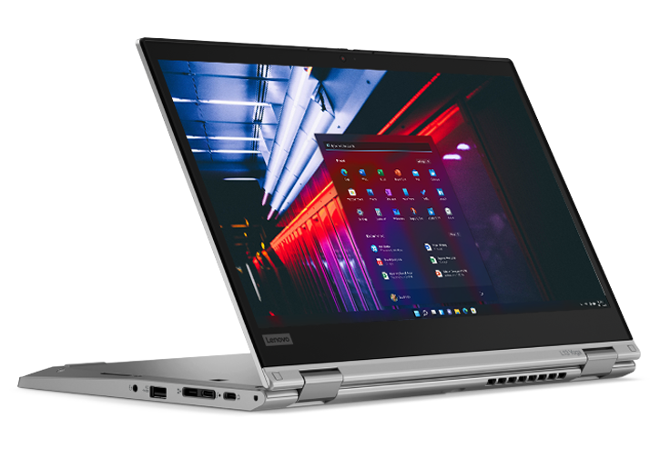 Right three-quarter view of silver Lenovo ThinkPad L13 Yoga Gen 2 in stand mode