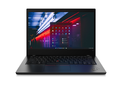 Lenovo ThinkPad L14 Gen 2 (14” AMD) laptop—front view with lid open and display showing image of seaside with red and white blurry lights in motion