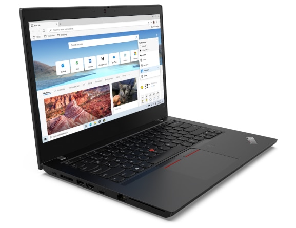 Imagen de semiperfil izquierdo de la laptop ThinkPad L14 2da Gen (14”, AMD), abierta a 90° y con la pantalla encendida