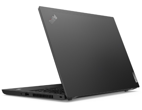 Imagen trasera y de semiperfil de la laptop ThinkPad L14 2da Gen (14”, AMD) abierta a poco menos de 90°