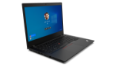 Vignette: Face avant Lenovo ThinkPad L14 Gen 2 (Intel) ordinateur portable ouvert à 90 degrés, incliné pour afficher les ports côté gauche.