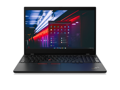 Lenovo ThinkPad L15 Gen 2 (15” AMD) laptop—front view with lid open and display showing image of seaside with red and white blurry lights in motion