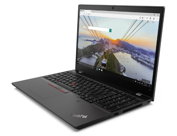 Lenovo ThinkPad L15 Gen 2 (15” AMD) laptop—3/4 right-front view with lid open and the display showing a Bing search screen with an image of a cable car with an island/peninsula in the background