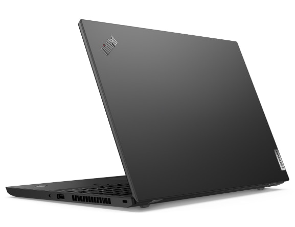 Imagen de semiperfil trasera de la laptop ThinkPad L15 2da Gen (15.6”, Intel) abierta a poco menos de 90°