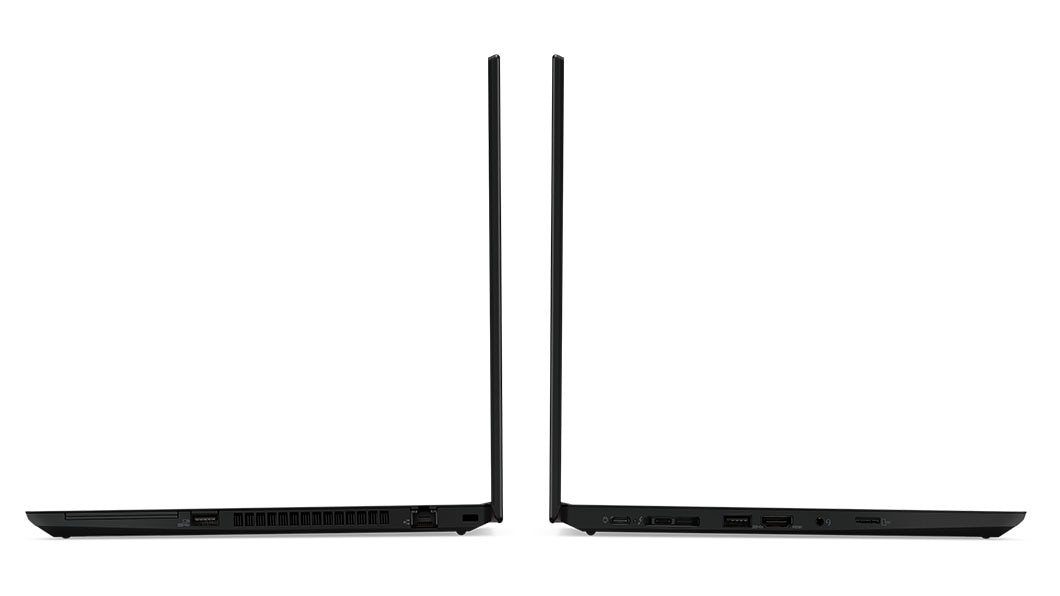 Seitenansicht von zwei Lenovo ThinkPad P43s, um 90 Grad geöffnet