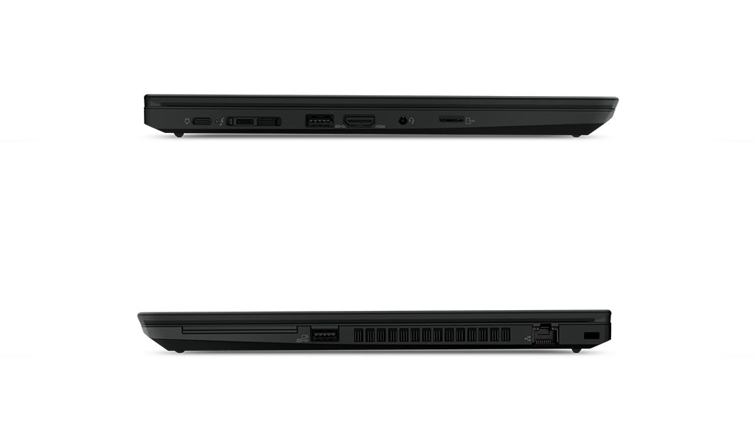 Vues des côtés gauche et droit de deux Lenovo ThinkPad P43s montrant les ports