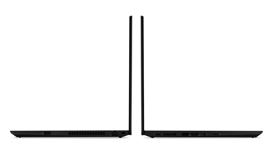 Vistas laterales de dos Lenovo ThinkPad P53S abiertos a 90 grados