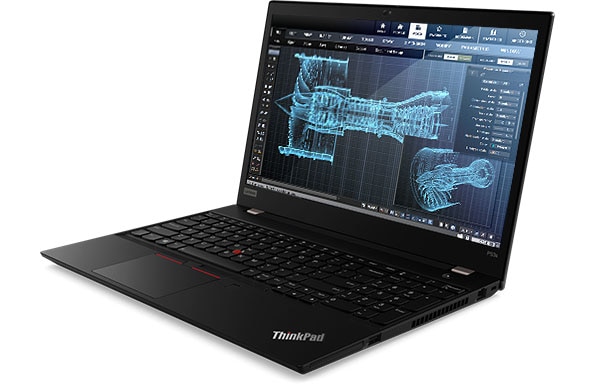Lenovo ThinkPad P53s mobile workstation open 90 degrees, angled slightly to show right side ports.