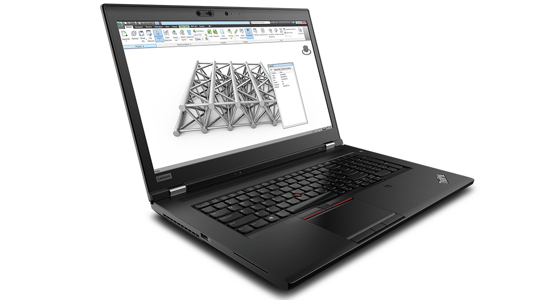 Seitenansicht des Lenovo ThinkPad P72 mit geöffnetem Display und einer Architekturzeichnung auf dem Bildschirm